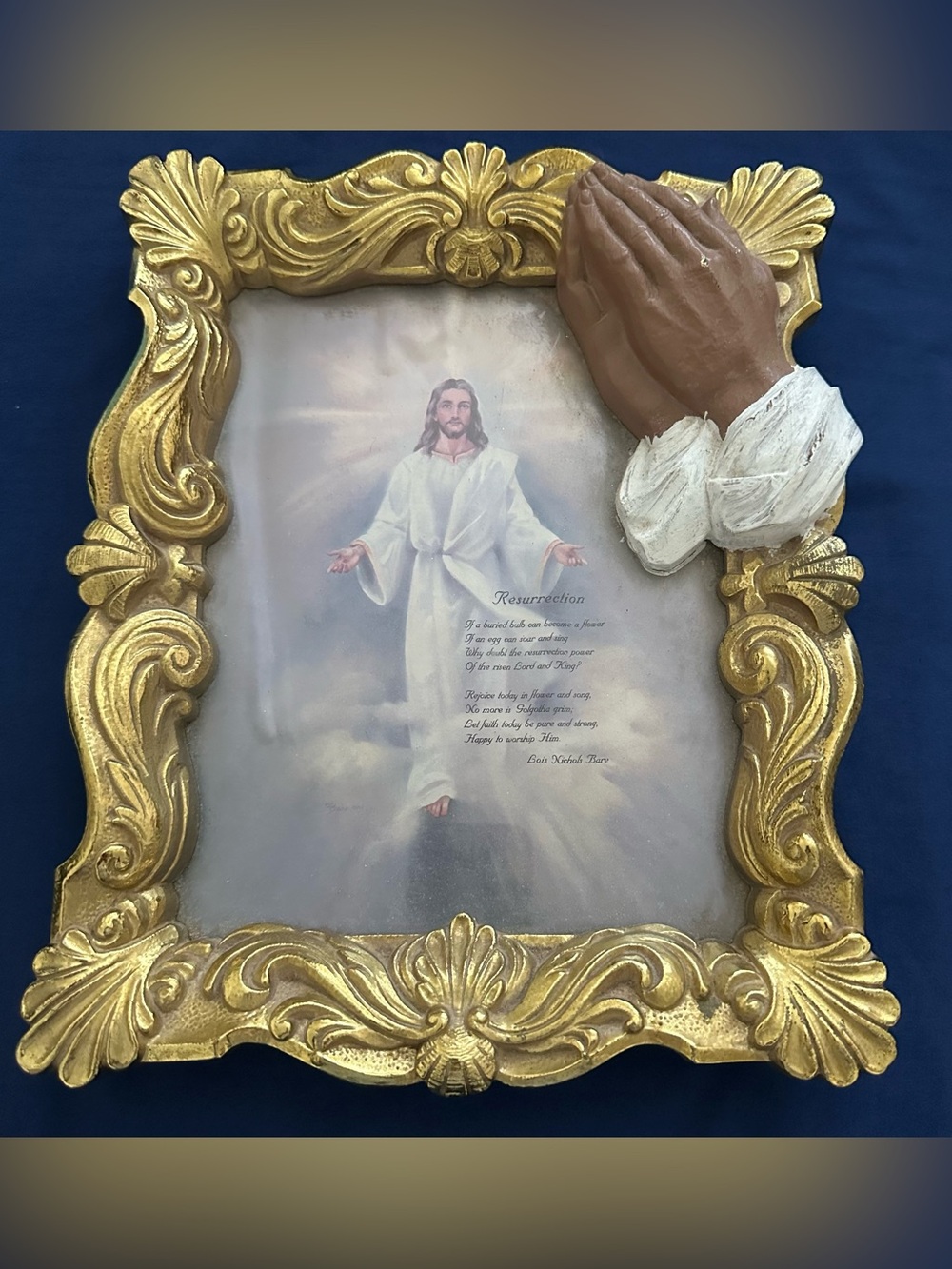 JESUS Framed Picture RESURRECTION POEM GOLD Praying Hands 10x12” VTG